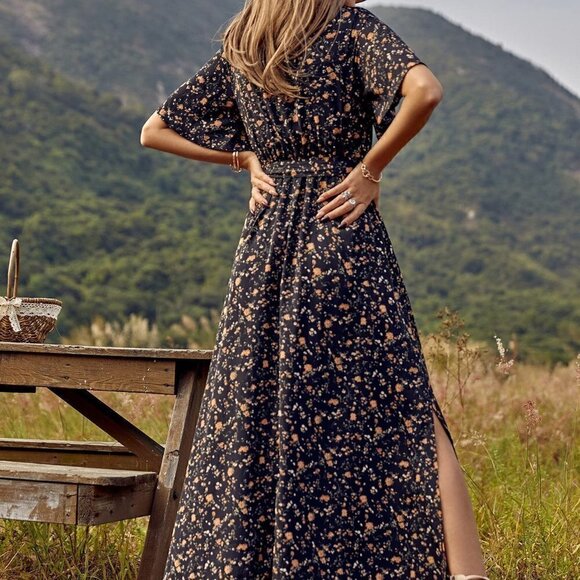 Black Boho Womens Allover Floral Print Split Thigh Belted Dress - Picture 2 of 5